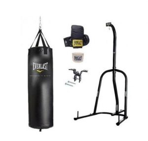 Everlast brand punching bag with stand and gloves and wrap